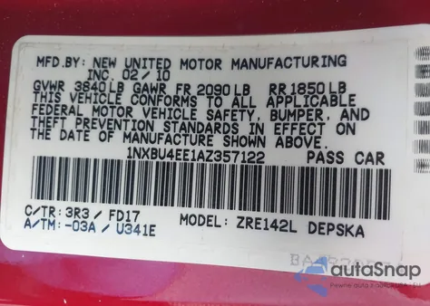 2010 Toyota Corolla S из США, поврежденный, VIN 1NXBU4EE1AZ357122